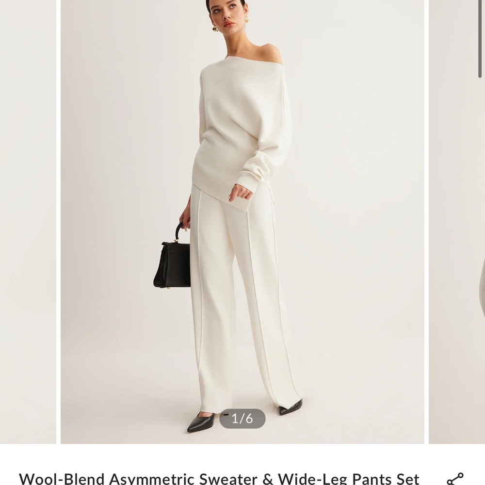 Commense Cream Wool-Blend Asymmetric Sweater & Wide-Leg Pants Set